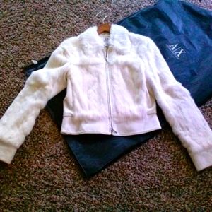 AX Armani Exchange white fur and leather jacket.